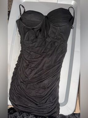 Women's Black Ruched Mini Dress with Bustier Detail